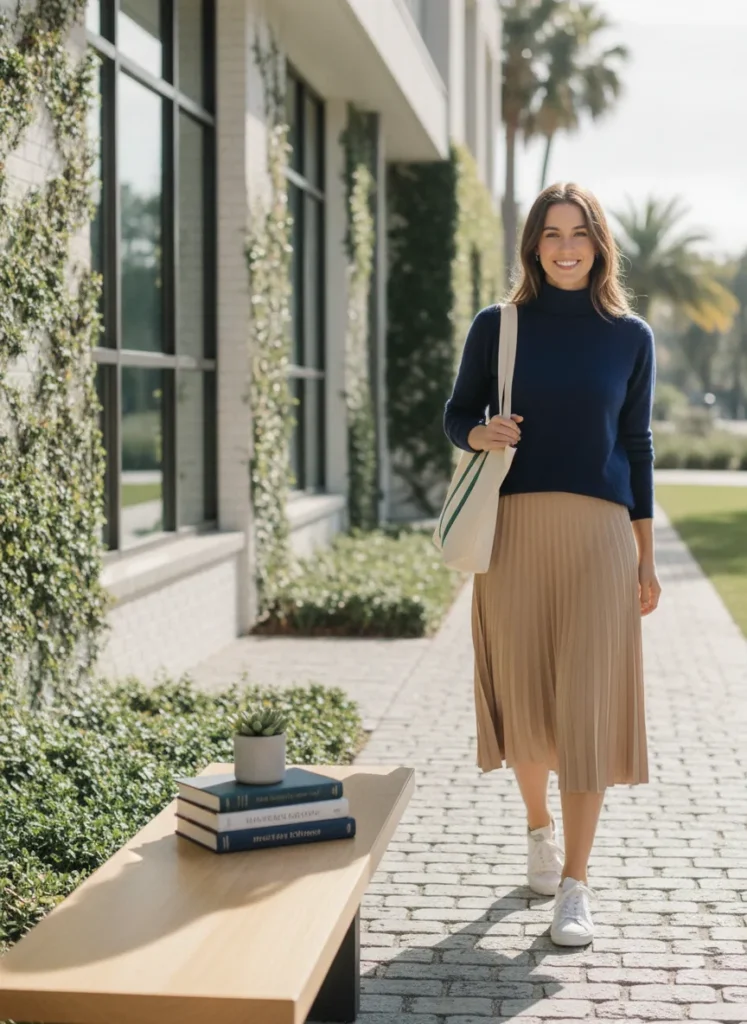 Modern preppy minimalism, confident and approachable mood, crisp