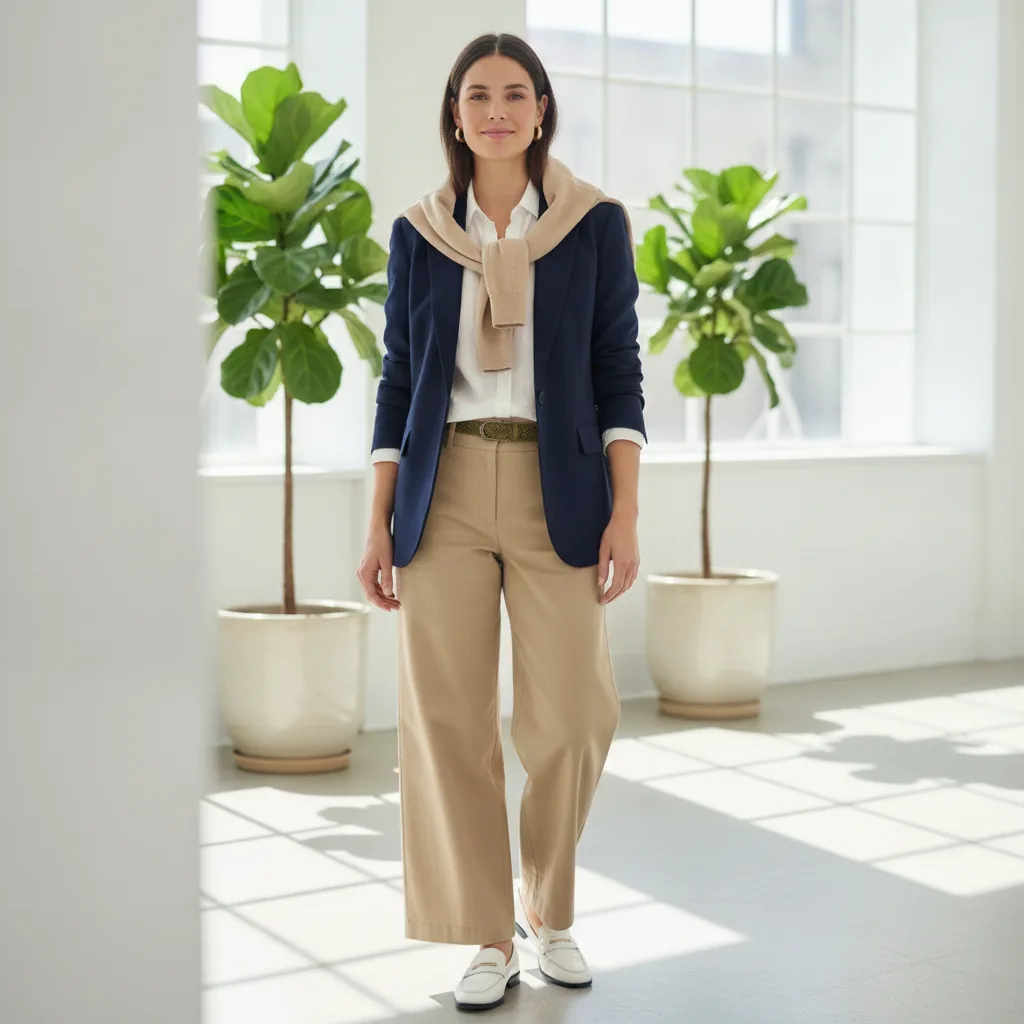 Modern preppy minimalism, confident and approachable mood, crisp